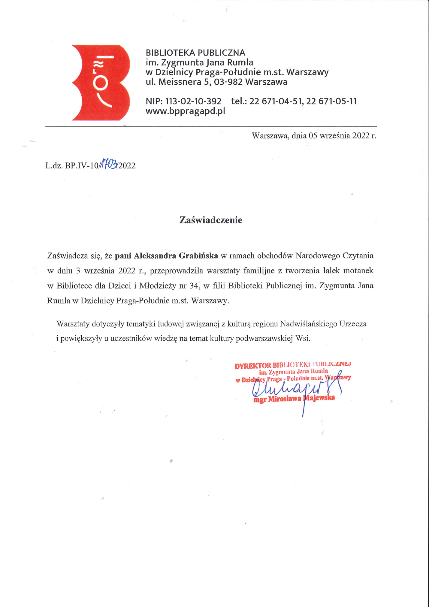Referencja Biblioteki Publicznej Praga-Południe dla Aleksandry Grabińskiej