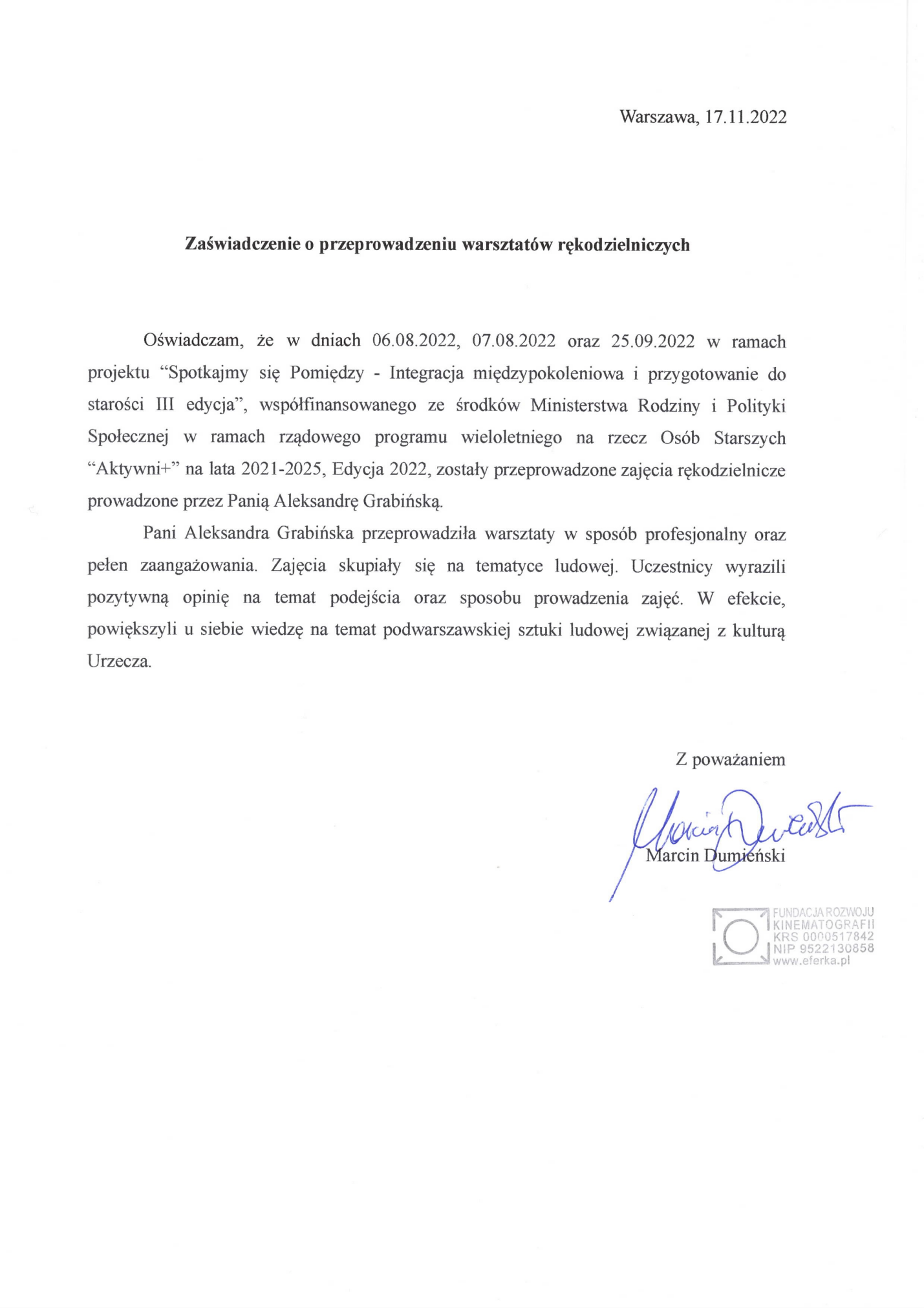Zaświadczenie o warsztatach rękodzielniczych prowadzonych przez Aleksandrę Grabińską